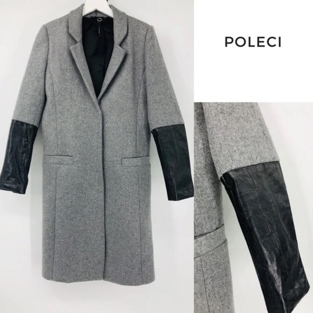 Poleci Women’s Gray Wool Cashmere Coat Black Leather Sleeves Topper Jacket 6